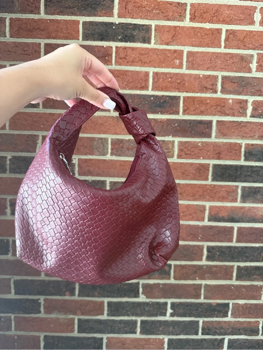 Vintage Inspired Burgundy Woven Faux Leather Hobo Shoulder Bag
